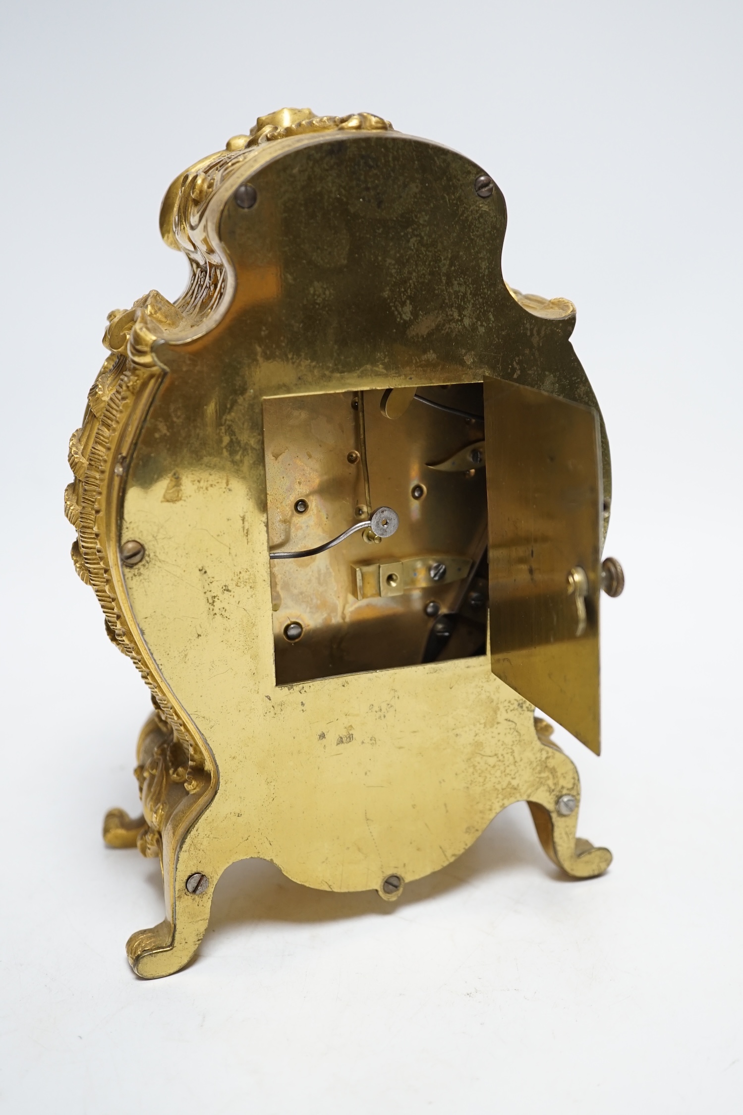 An English ormolu mantel clock, c.1835, Storr and Mortimer, New Bond St, pendulum, no key, 21cm